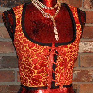 NEW Handmade Upcycled. Front Lace-up, Vest Corset Red Velvet Floral on Yellow 6